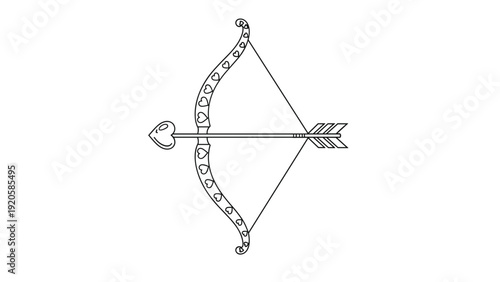 Simple line art drawing of a cupid bow and arrow with heart shaped tip and decorative hearts along the bow for valentine day.