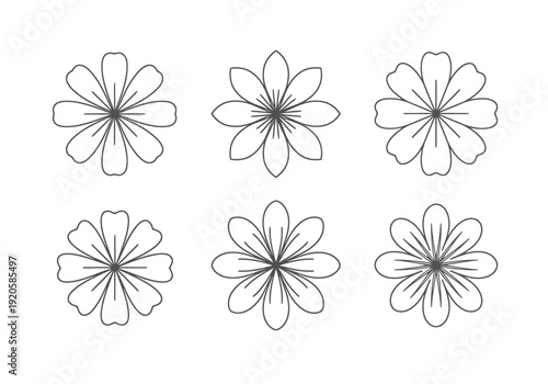 Six Stylized Outline Floral Elements Set With Repeating Petal Pattern For Decorative Design