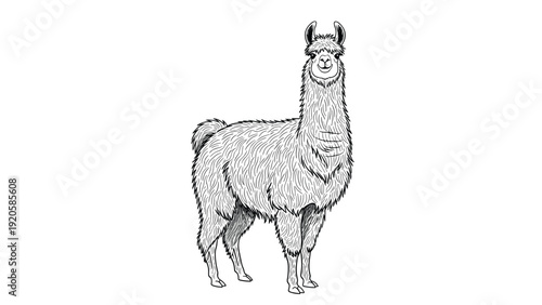 Detailed black and white line art illustration of a llama standing and facing forward isolated on a clean white background.