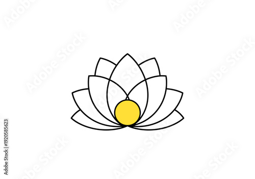 Minimalist stylized lotus flower emblem with yellow center on white background symbolic of growth and purity