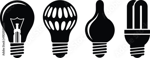 Light bulb icon set, vintage and modern lamp silhouettes, energy idea vector illustration design