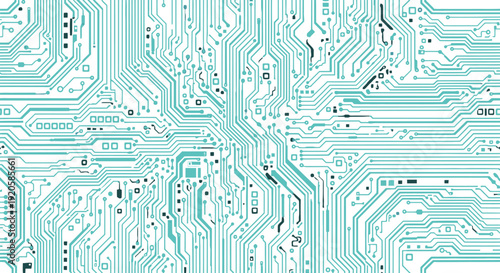 Complex electronic circuit board with intricate pathways and components.