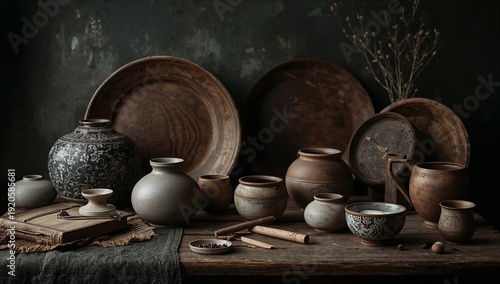 Display of Pottery and Ceramics on a Wooden Table in a Dimly Lit Room