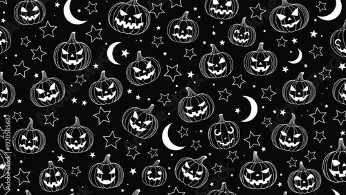 Halloween seamless pattern featuring white jack o lanterns moons and stars on a black background for spooky holiday backgrounds.