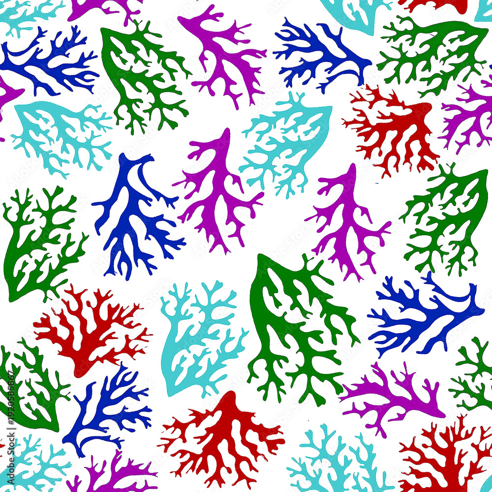 Fototapeta premium A seamless pattern featuring abstract colorful marine branch silhouettes dancing across a clean white minimalist background.
