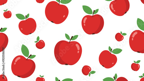 Seamless pattern of red apples with green leaves on a white background for kitchen decor and healthy eating themes.
