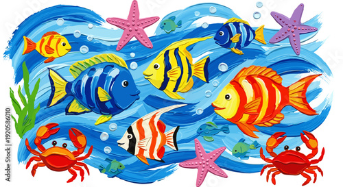 Colorful tropical fish and crabs swimming in vibrant underwater scene