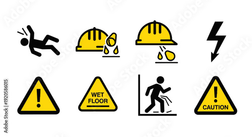 Warning signs and safety icons for hazardous environments and caution.