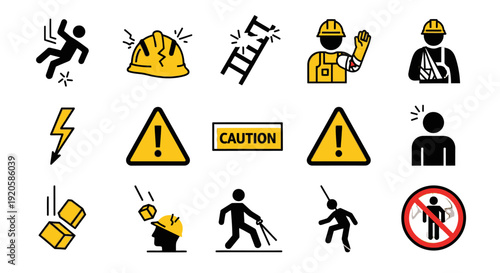 Collection of warning signs and hazard icons for safety and caution.