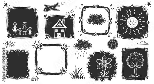 Set of nine handdrawn black and white doodle illustrations for children