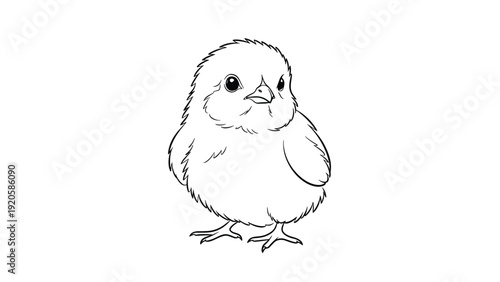 Fluffy baby chick facing forward depicted in a detailed black and white line drawing style for coloring and nature themes.