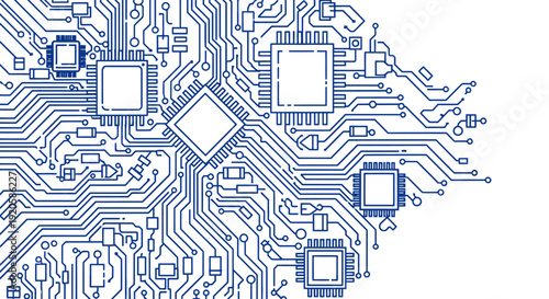 Blue Circuit Board with Microchips and Electronic Components.