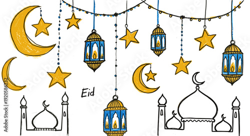 Eid celebration decorations with lanterns crescent moons and stars