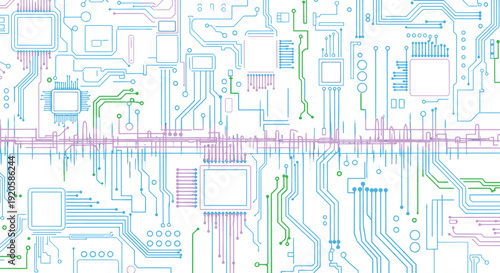 Complex digital circuit board with various components and connections.