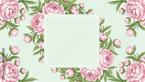 Floral seamless pattern with pink peonies and buds around a central mint green square frame for elegant invitations.