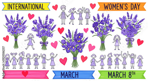 Celebration of international womens day with flowers and hearts