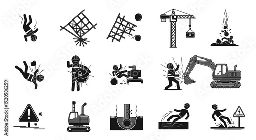 Construction site icons set with workers and machinery.