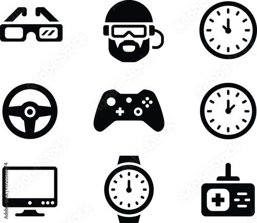 Technology icon set, gaming and device symbols, clock controller monitor illustrations, modern vector design