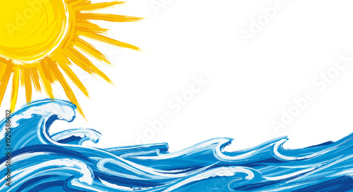 Bright sunny day with ocean waves crashing under clear sky