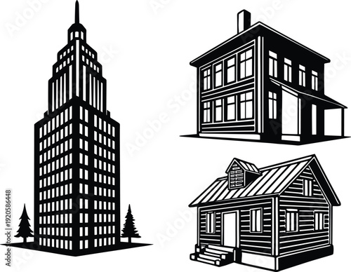 Building silhouettes set, skyscraper and residential houses illustration, urban architecture vector, real estate design