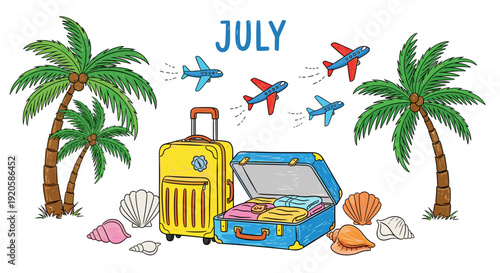 Summer vacation travel scene with suitcase palm trees and seashells