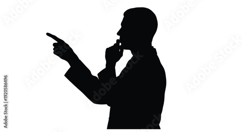 Silhouette of a man pointing and thinking depicted in a stark black and white style