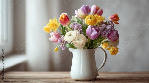 Wallpaper Mural Bright airy still life of fresh spring flowers in a white ceramic jug on a wooden table with soft daylight from a window Torontodigital.ca