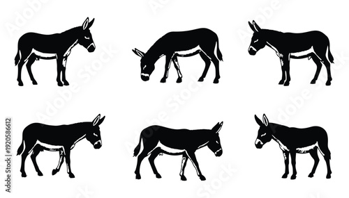 Six black donkey silhouettes in various poses on white background