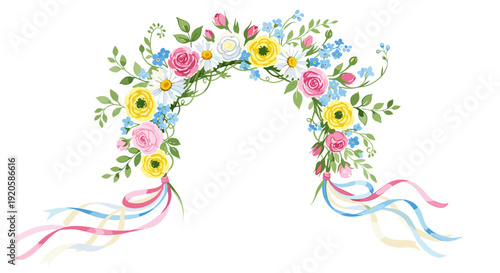 Colorful floral wreath with pink yellow roses and green leaves