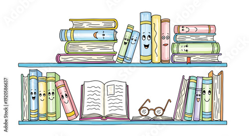 Colorful illustrated bookshelf with books and reading accessories