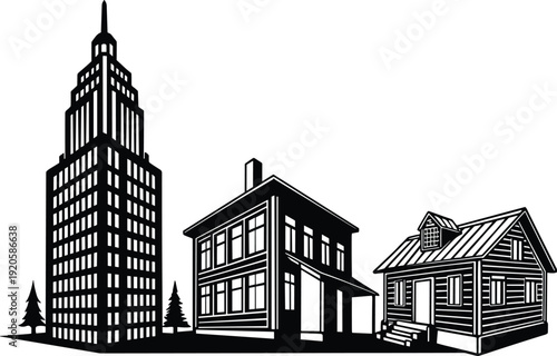 Building silhouette collection, city skyscraper and houses illustration, urban architecture vector, real estate design set