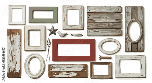 Collection of rustic wooden picture frames and decorative elements