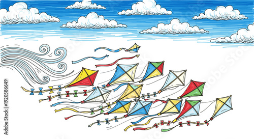 Colorful kites flying in the sky on a bright sunny day