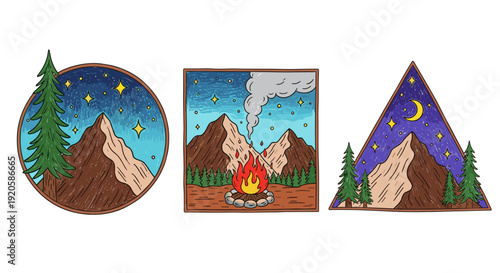 Set of three embroidered patches depicting mountain and camping scenes
