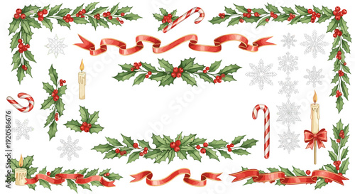 Christmas decorative border with holly candles ribbons and snowflakes