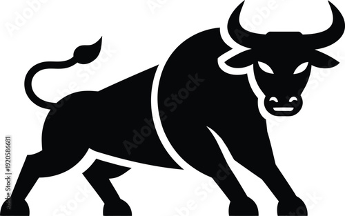 A black bull with white outline on a white background