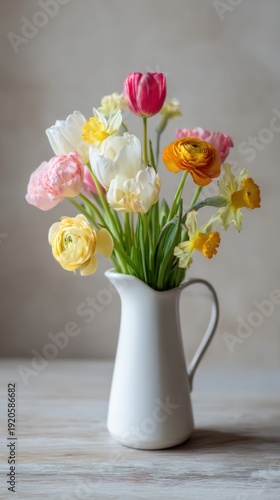 Wallpaper Mural Bright still life with fresh spring flowers in a white jug on a wooden table during daytime with soft shadows and a neutral background Torontodigital.ca