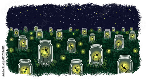 Multiple glass jars with glowing yellow lights arranged outdoors at night