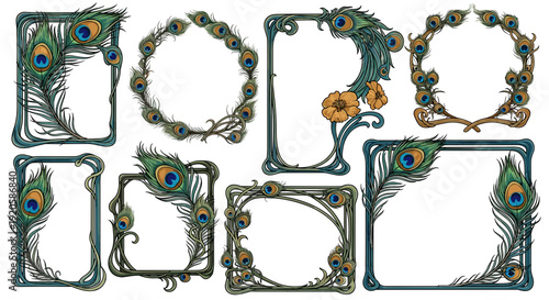Decorative vintage frames with peacock feather motifs and ornate design