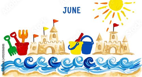 Colorful handdrawn beach scene with sandcastles and ocean waves