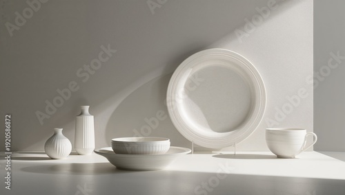 Simple White Dinnerware and Ceramic Pieces Arranged on a Clean Surface With L...