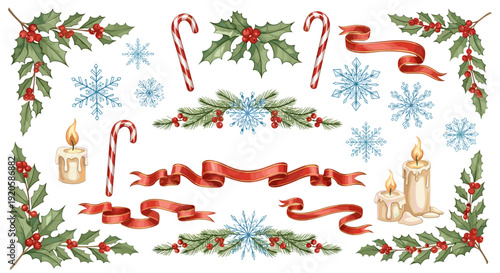 Christmas holiday decorations with holly candles snowflakes and ribbons