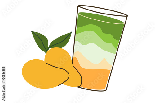 Matcha drink with mango. Healthy smoothy. Mango with matcha latte. Japanese cold drink.