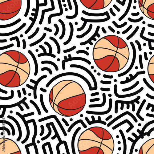 Seamless orange and cream basketball pattern with rigid abstract doodle accents, hand drawn sports repeat ideal for team branding, textile print and athletic merchandise.
