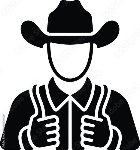 A black and white illustration of a cowboy with thumbs up