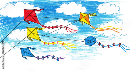 Colorful kites flying in a bright blue sky with fluffy clouds