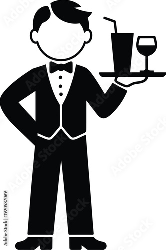 A cartoon waiter holding a tray with a drink and a glass