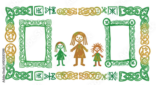 Childrens drawing of three kids with decorative green and gold border