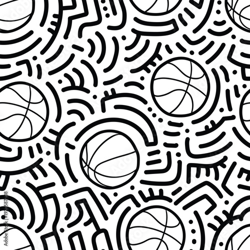 Seamless black and white basketball pattern with abstract doodle accents, hand drawn monochrome sports repeat ideal for branding, textile print and athletic merchandise.