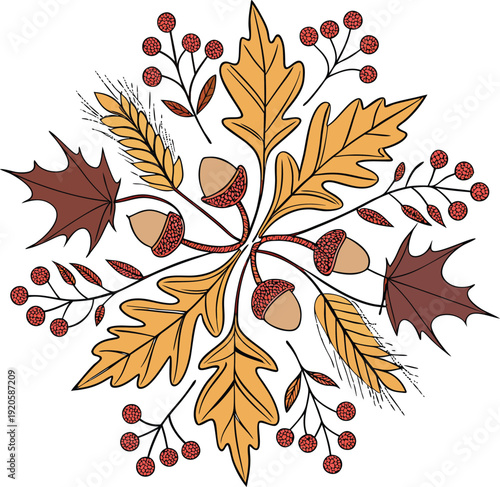 Autumn leaves and acorns arranged in a circular pattern berries